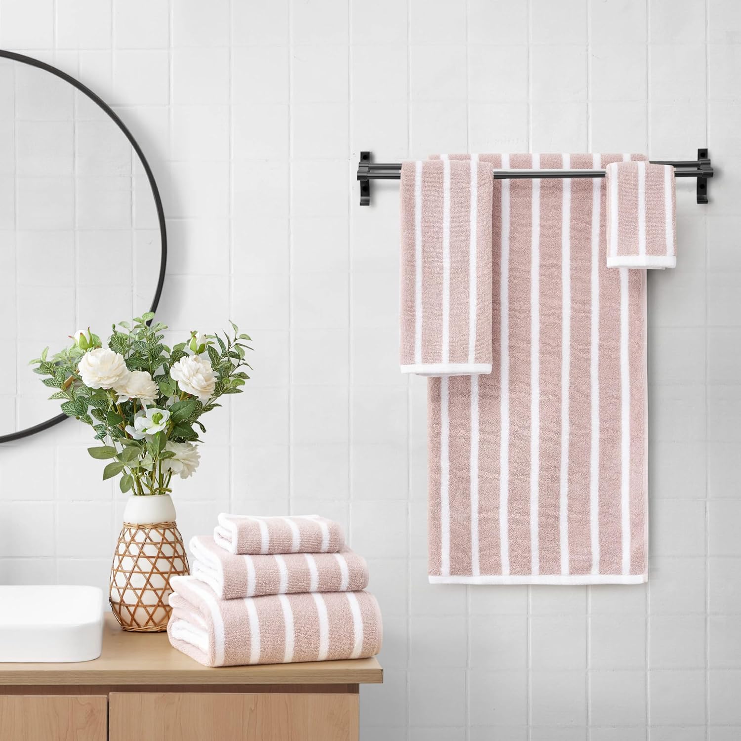 Lucky Brand Reversible Stripe 6 Piece Bath Towel Set - Grey Beige