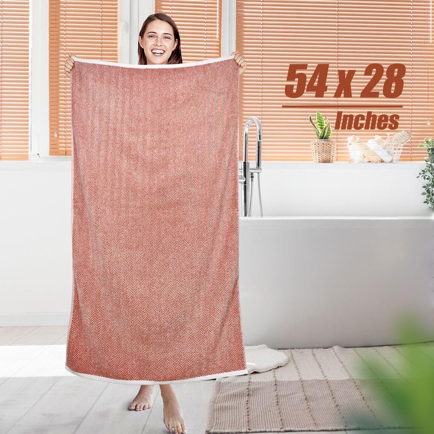 Cleanbear Coral Bath Towels Set with Herringbone Stripes