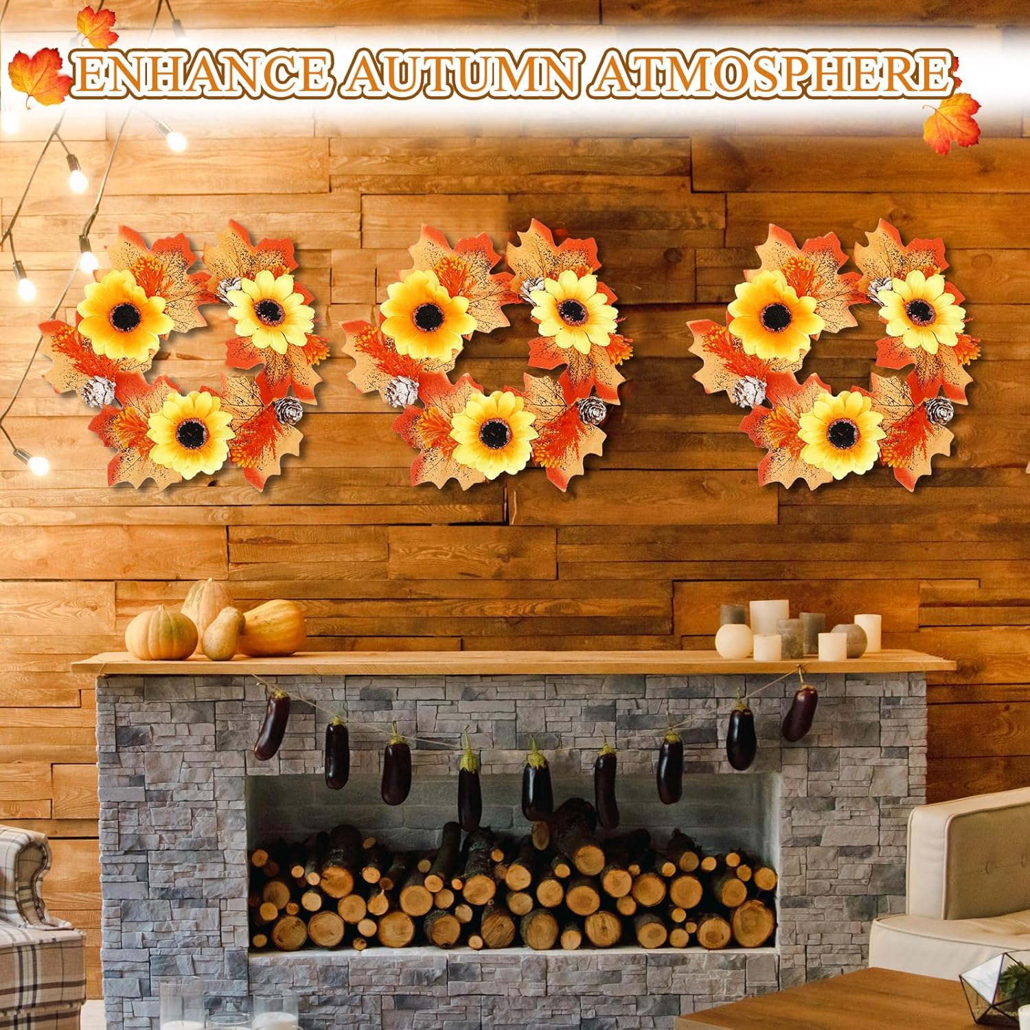 Umigy 8 Pcs Fall Candle Wreaths with Maple Leaves and Sunflowers
