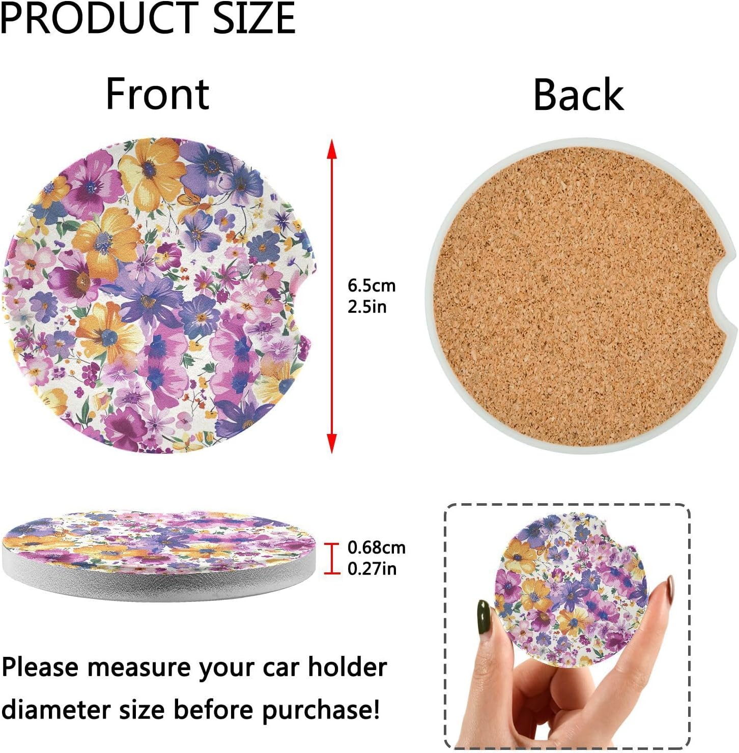 Takiito Purple Flowers Car Cup Holder Coasters 2 Pack