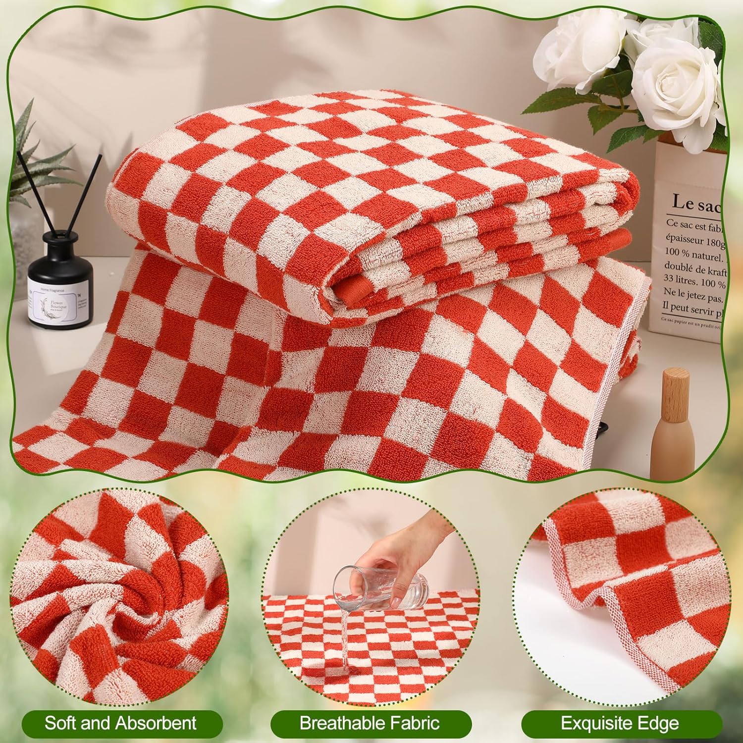 Breling 2 Pcs Checkered Bath Towels Red 1