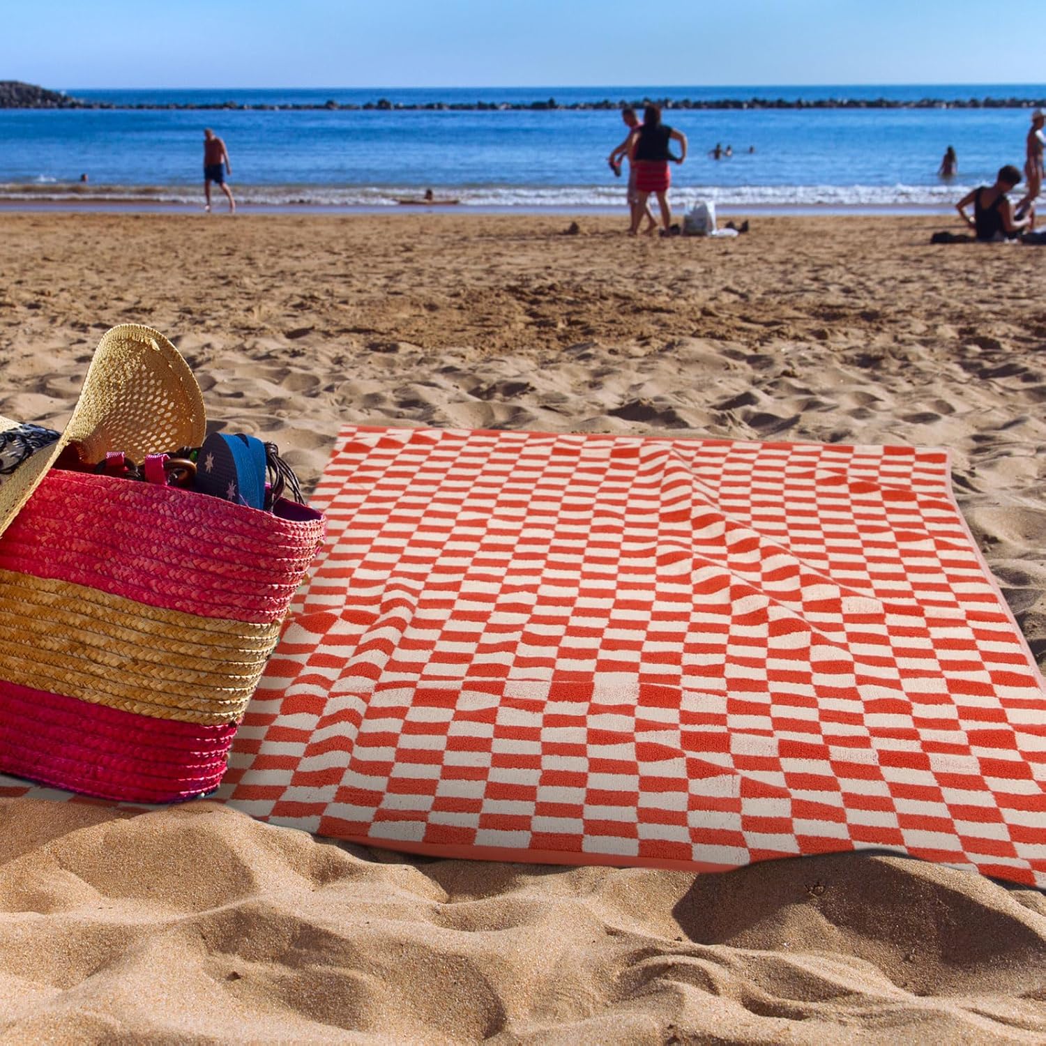 Breling 2 Pcs Checkered Bath Towels Red 1