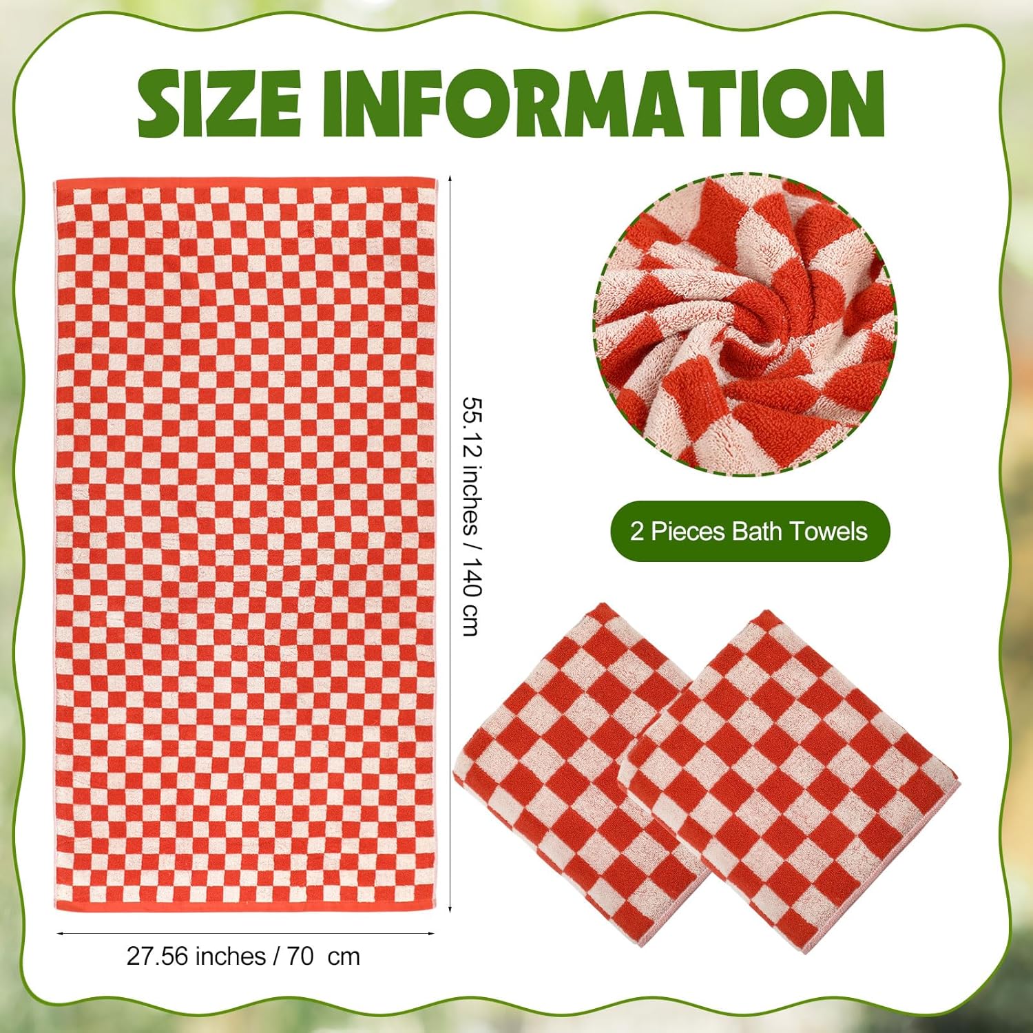 Breling 2 Pcs Checkered Bath Towels Red 1