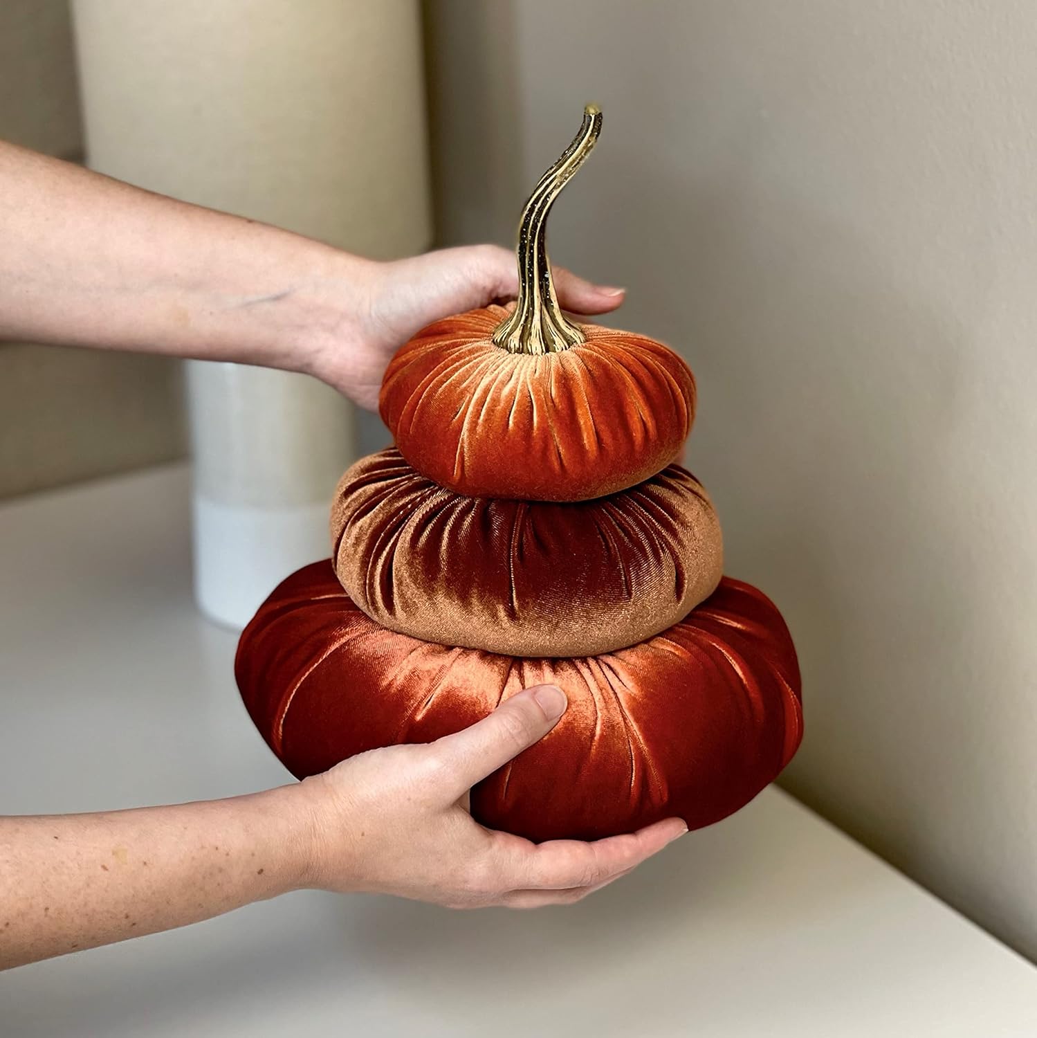 Blue Velvet Stacked Pumpkins Decor with Wreath 1