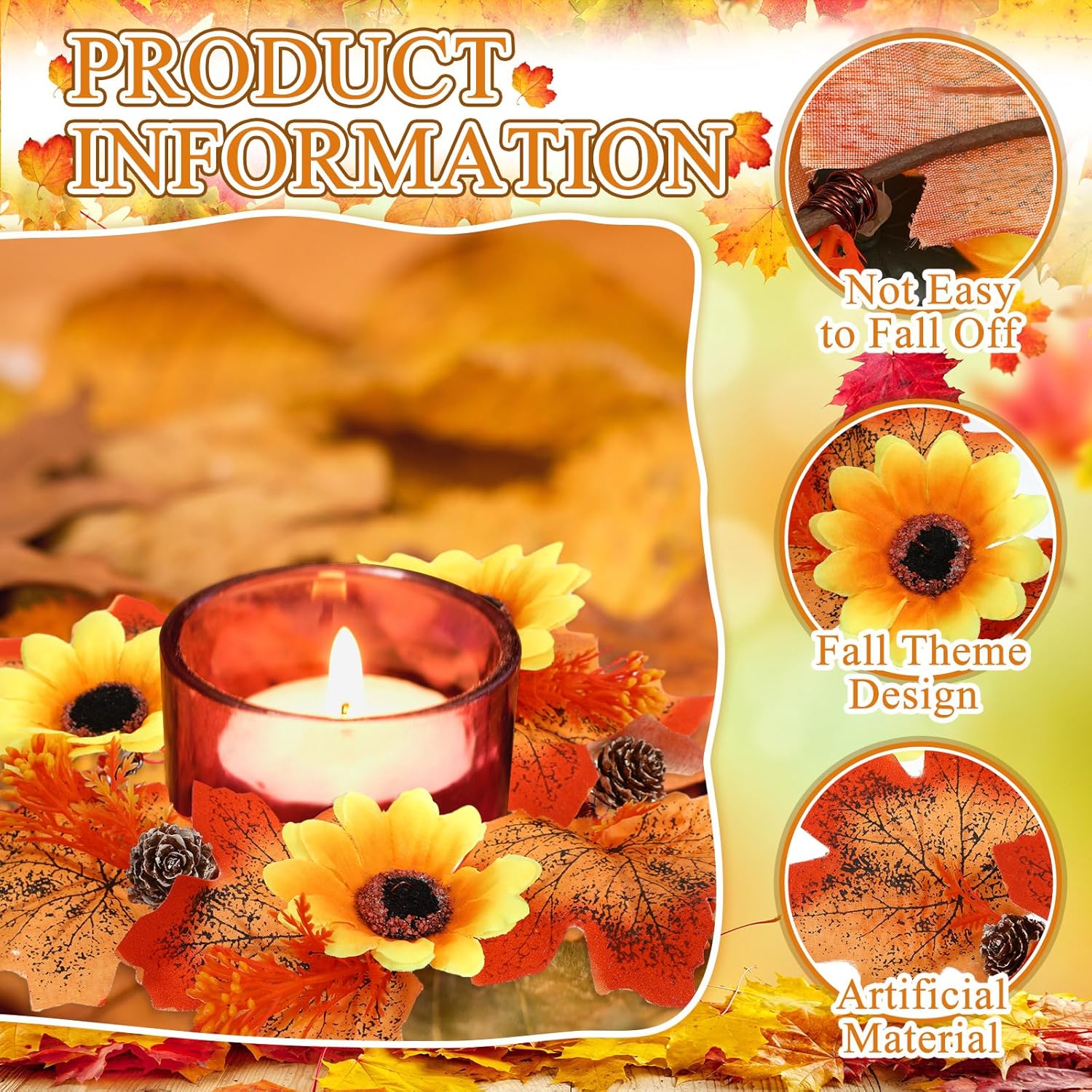 Umigy 8 Pcs Fall Candle Wreaths with Maple Leaves and Sunflowers