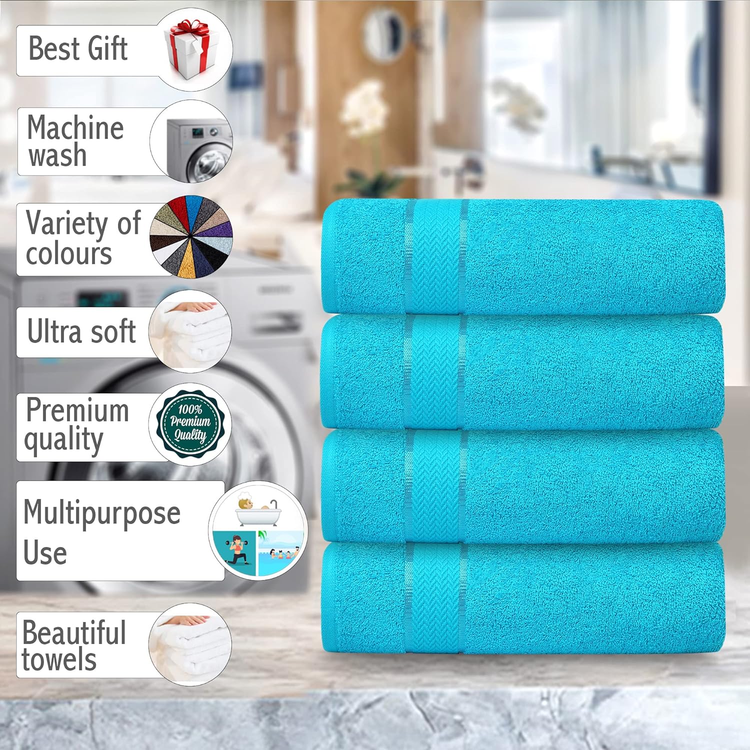 CraftBerry Aqua Blue 100 Cotton Bath Towel Set of 4