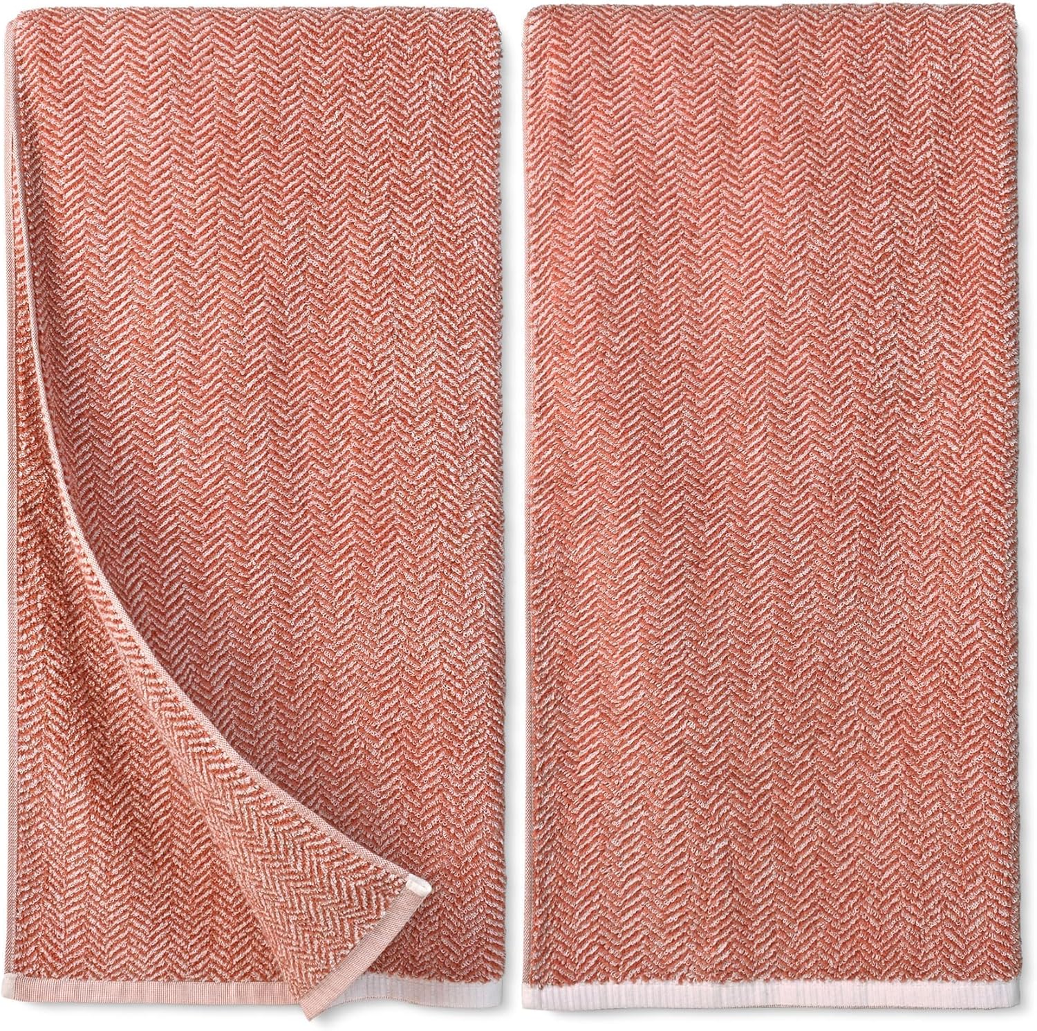 Cleanbear Coral Bath Towels Set with Herringbone Stripes