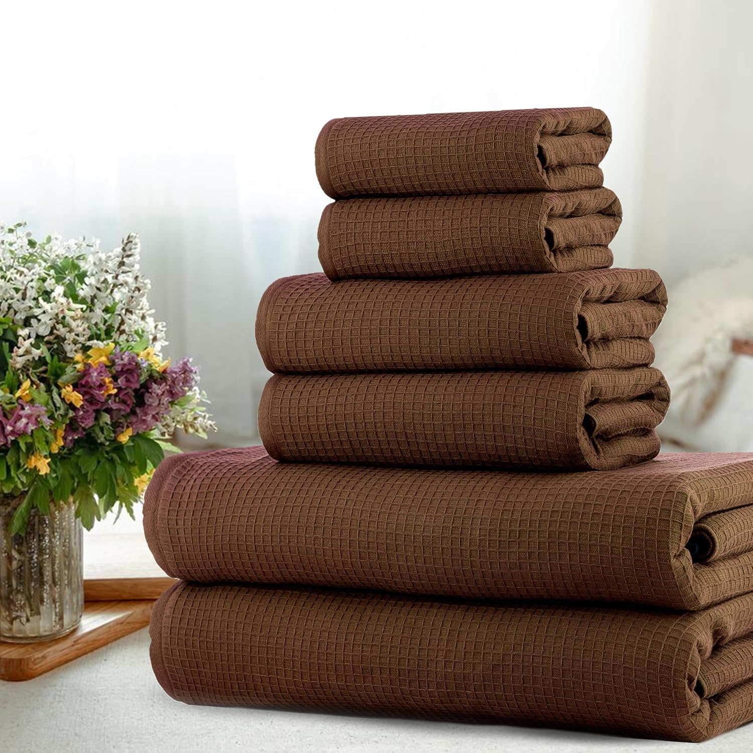 CASA COPENHAGEN Waffle Towel Set - 6 Pieces Brown 1