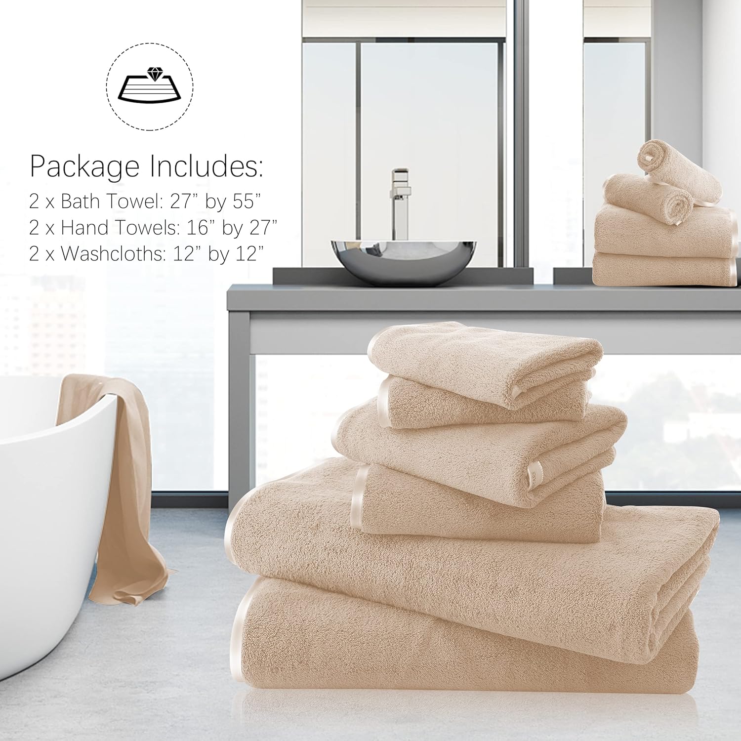 TENSTARS Luxury Silk Hemming Towel Set - 6 Pieces Brown 1