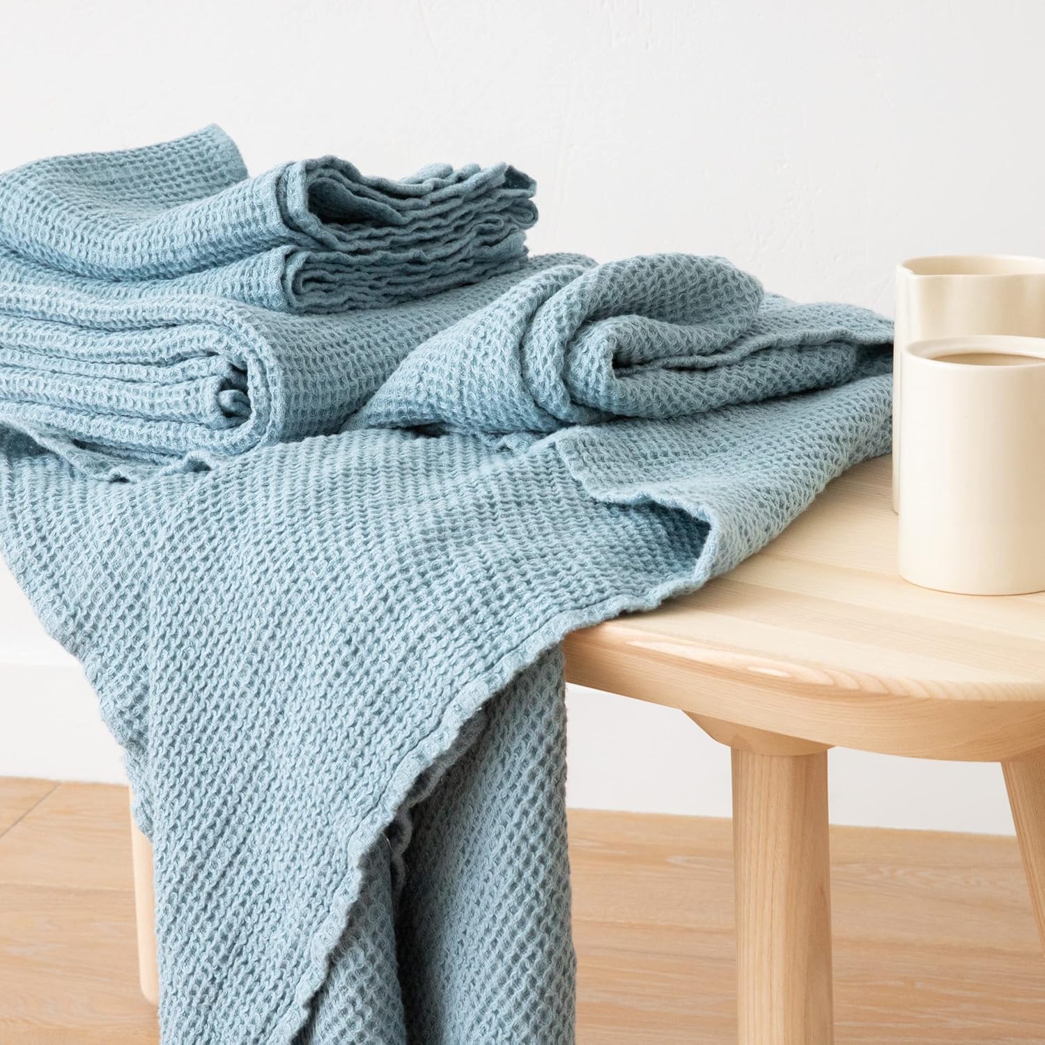 LinenMe Linen Waffle Bath Towel Set Stone Blue