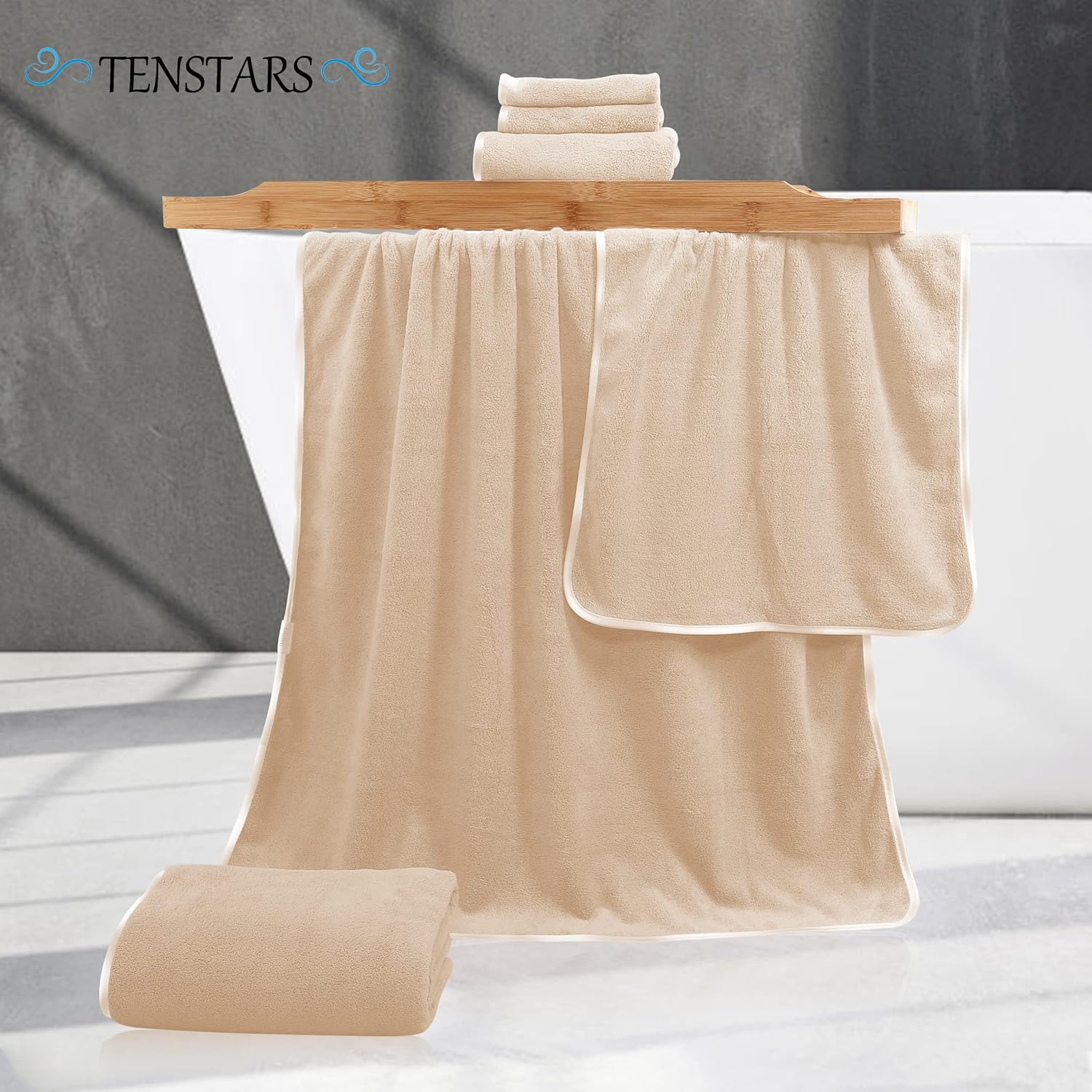 TENSTARS Luxury Silk Hemming Towel Set - 6 Pieces Brown 1