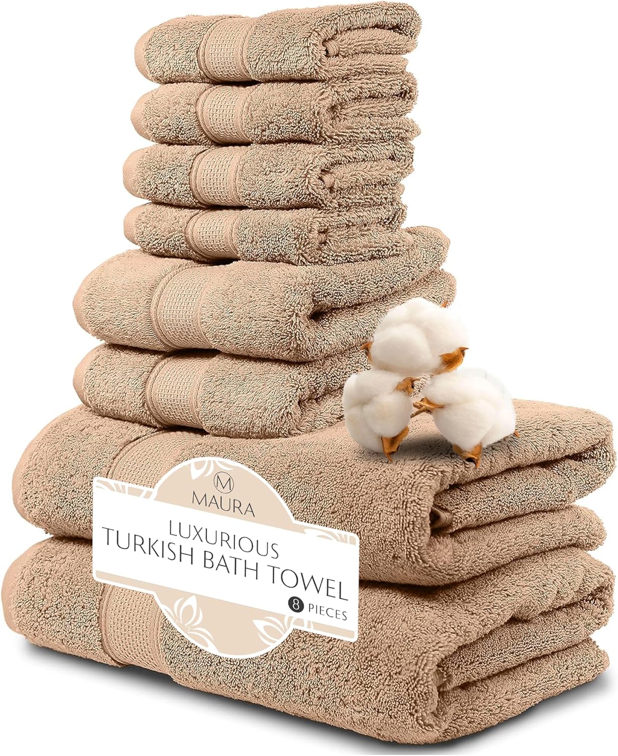 MAURA Biege Bath Towel Set of 8 - Hotel Quality