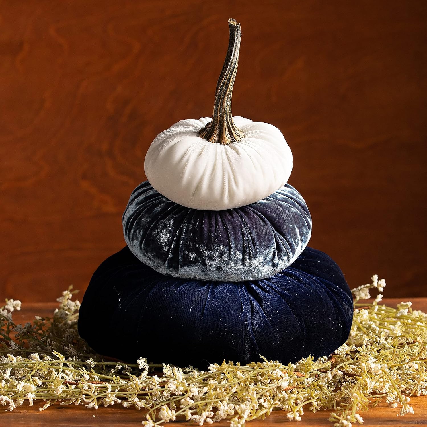 Blue Velvet Stacked Pumpkins Decor with Wreath 1