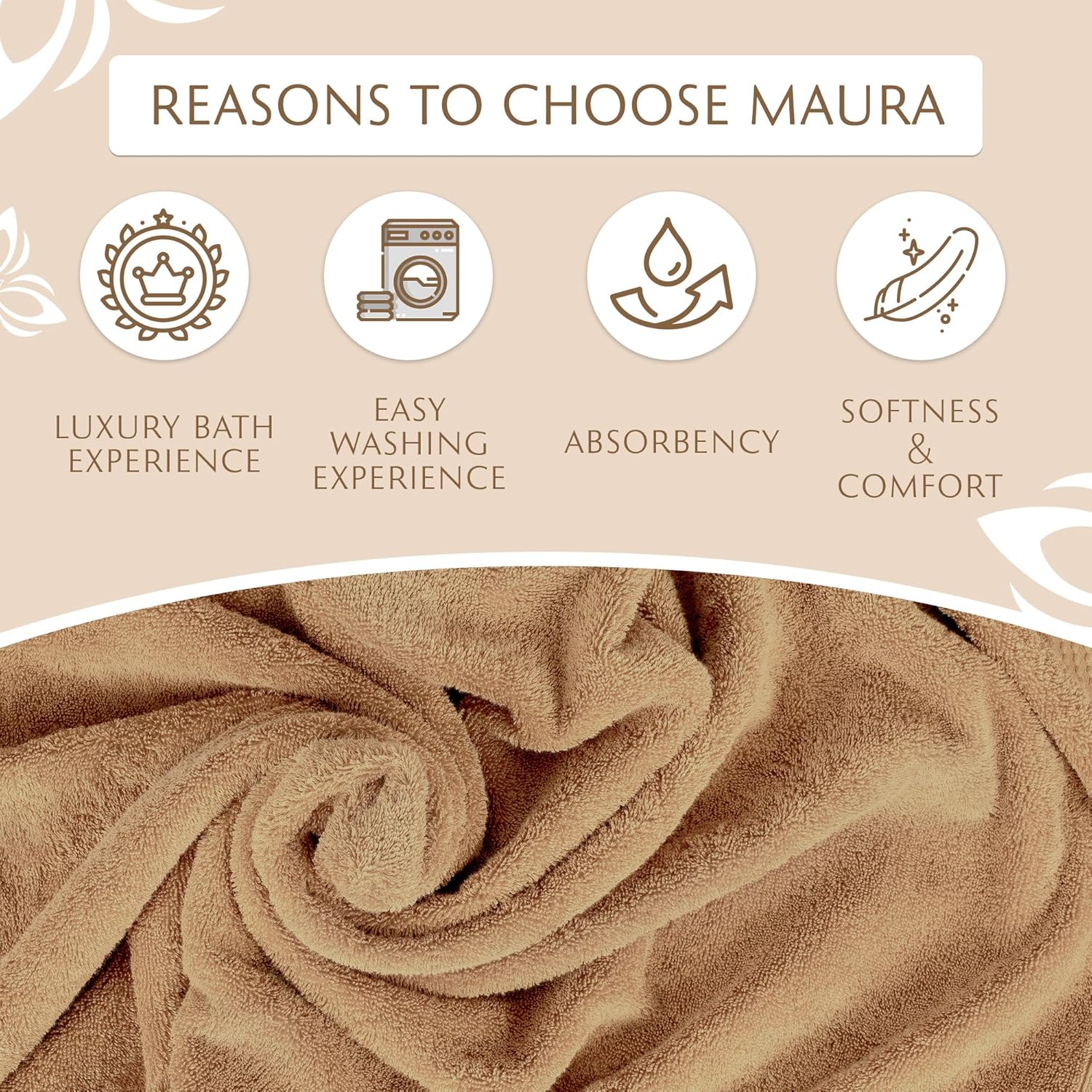 MAURA Biege Hand Towels Set of 6 - Brown Luxury Turkish Cotton