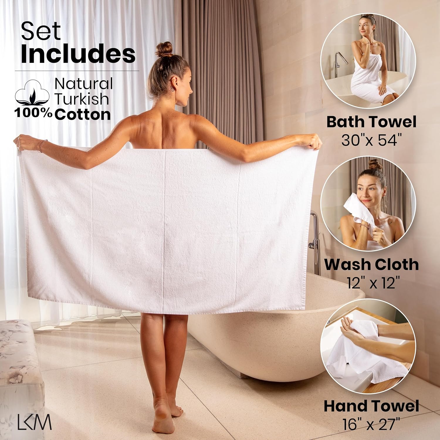 LKM Turkish Cotton Bath Towel Set 3 Piece Grey Luxury Towels